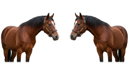 Fototapeta premium Elegant mirrored horses in profile against a clean white background creating a symmetrical visual