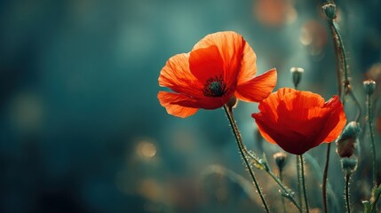Fototapeta premium Vibrant red poppy flowers bloom in a serene field, bathed in soft, bokeh sunlight