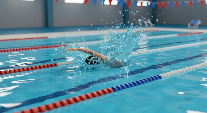 Dynamic freestyle swimmer creating a powerful splash in a competitive indoor swimming pool environment - Powered by Adobe