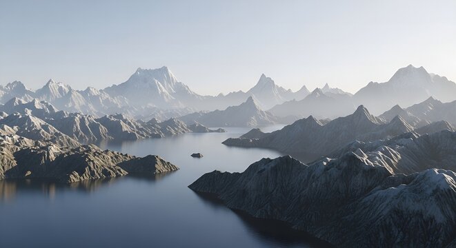 A stunning panoramic view of a calm lake surrounded by rugged, snow-capped mountains and rocky peaks under a clear, bright sky.