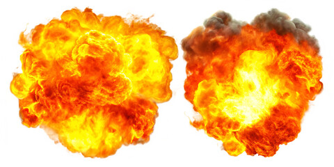 Twin fiery explosions isolated on a transparent background