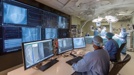 A team of medical professionals in an operating room, using advanced digital technology with multiple monitors displaying medical data and scans during a procedure
