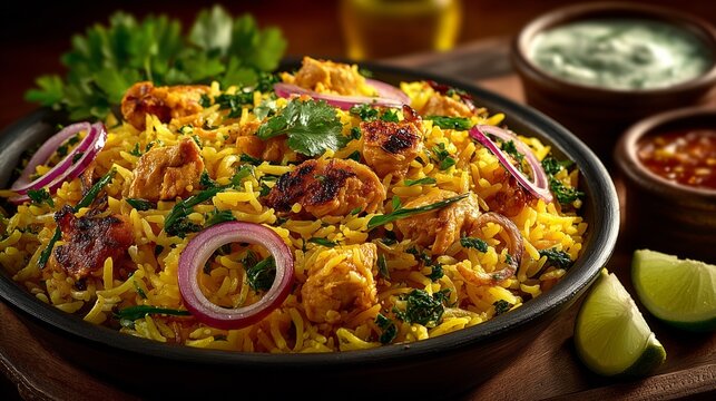 realistic chicken dum biriyani served in restaurant setting with rich spices
