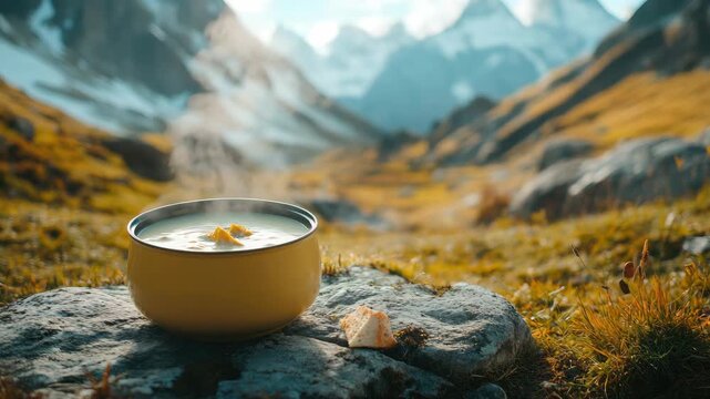 Warm stew in bowl with mountains background