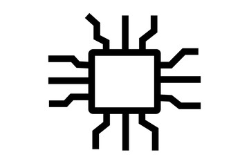 The image is a simple, black and white line drawing of a computer chip or microchip. It consists of a square at the center, with thick, black lines extending outwards from each of its four sides. 