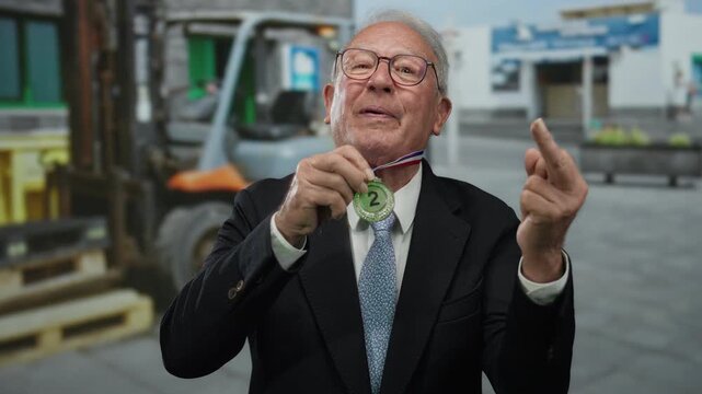 Senior man in suit shows middle finger and holds second place medal on bustling urban street backdrop with forklift in view, contrasting business and victory with irreverence outdoors.
