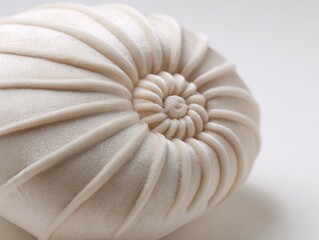 Obraz premium Plush seashell spiral pillow high detail velvet ridge macro close up capturing fine stitching neutral white backdrop
