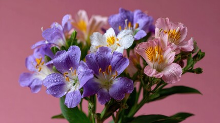 A vibrant bouquet of purple, pink, and white flowers with dew drops, set against a soft pink background.