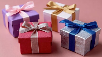 Obraz premium Four colorful gift boxes with ribbons on a pink background, perfect for celebrations and special occasions.