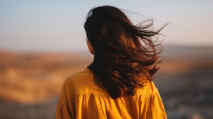 A woman with her hair flowing freely in the wind, her locks dancing wildly as the breeze sweeps through, surrounded by an air of effortless elegance and freedom - Chaos
