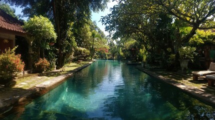 Obraz premium Serene aqua pool reflects trees and sky; tropical foliage line its sides, next to buildings