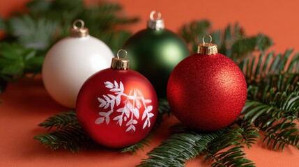 Three red Christmas ornaments resting on a wooden table with green pine branches, festive holiday decor.