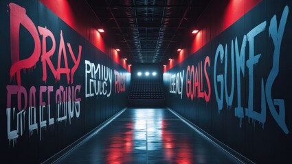 Graffiti-covered hallway with motivational phrases.