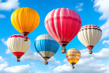 Naklejka premium Vibrant hot air balloons soar gracefully against a beautiful blue sky filled with puffy white clouds.