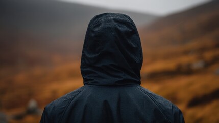 Person in black hoodie standing alone in a majestic mountain landscape - Solitude