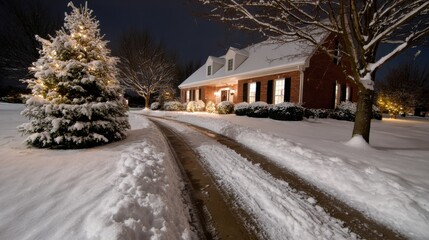 Fototapeta premium Snow-covered driveway leading to a house with a bare tree, winter landscape under daylight sky.