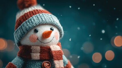 Snowman with black hat and red scarf standing on snowy ground against a clear winter sky.