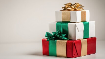 Three wrapped gifts stacked with a shiny gold bow on top against a white background.