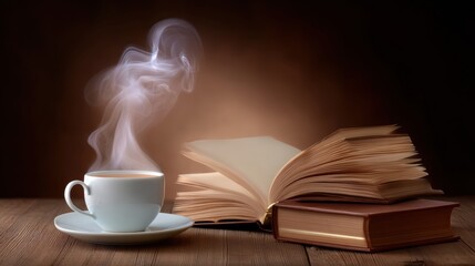 A cup of coffee and an open book on a wooden table in natural daylight, cozy reading setup.