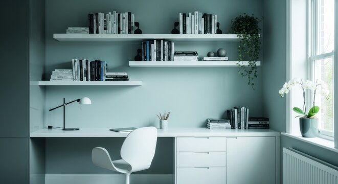 Serene modern home office setup featuring a sleek white desk, minimalist chair, organized bookshelves, and a bright window with a blooming orchid, creating a calm and productive workspace inspiration.