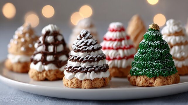 Plate of Christmas tree-shaped cookies decorated with green icing on a white surface, festive holiday treat. - Powered by Adobe