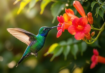 Obraz premium A vibrant hummingbird feeding on bright orange flowers in the sunlight