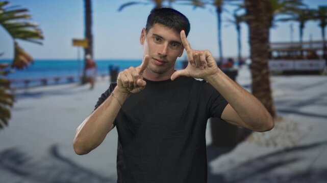 Hispanic man in black t shirt makes loser hand sign and points finger at camera on seaside promenade; mockery.