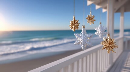 White snowflake decorations hang from a white railing of a beach house in daylight.