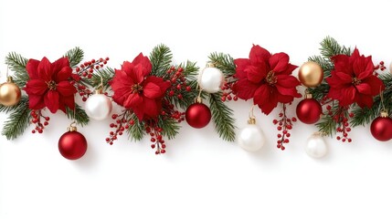 Close-up of a Christmas garland featuring red poinsettias and gold ornaments on a festive green background.