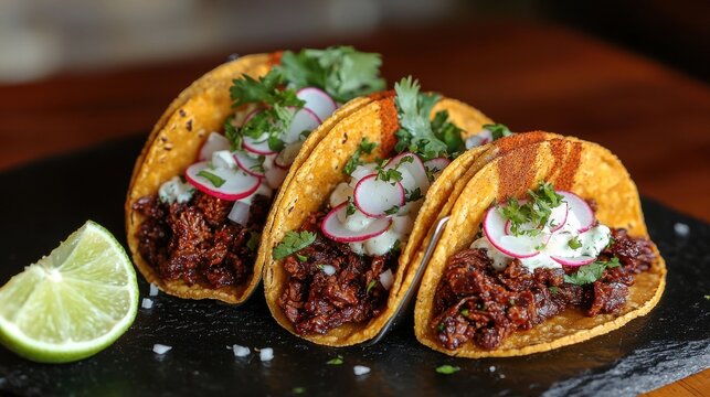 Authentic machaca dried beef filled tacos with fresh cilantro radish garnish lime wedge slate presentation board restaurant quality