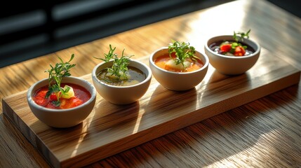Signature sauce selection displaying orange, green and creamy varieties in contemporary white bowls on rustic wooden board for premium restaurant dining