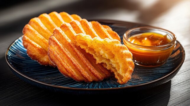 Artisanal cinnamon churros with ridged texture and sweet caramel center presented on cobalt blue plate at upscale dining establishment