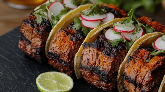Gourmet machaca dried beef tacos garnished with cilantro radish micro greens lime half on slate serving board premium dining