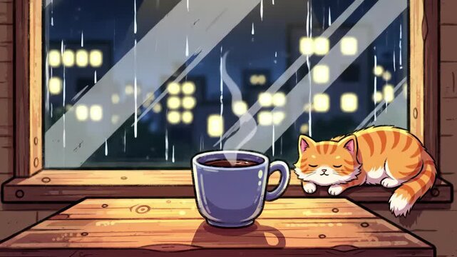 Cozy Lofi Anime Coffee Shop with Sleeping Cat and Rain on Window - Seamless Loop