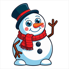 Cartoon cute snowman waving hat raster illustration flat design isolated on white background perfect for festive, winter, and holiday themed graphics.