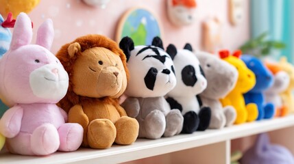 Soft animal shaped plush toys arranged a row playful kids room background with vibrant decor