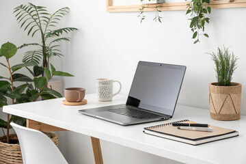 Desk with laptop coffee and plants in a bright room