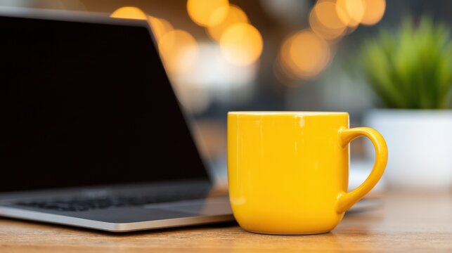 Laptop and yellow mug on a wooden table - serenity