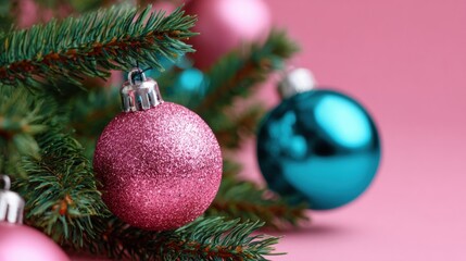 Three pink and blue ball ornaments hanging on a green Christmas tree with blurred lights background.