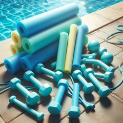 Aqua tools. Aqua noodles and foam dumbbells lying by swimming pool for aerobics