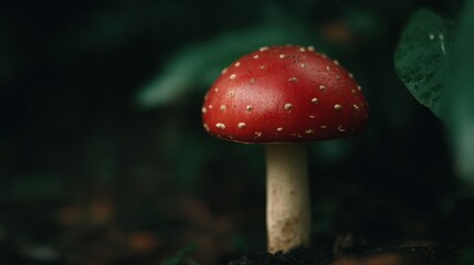A solitary small red mushroom sitting calmly on the forest ground - Nature
