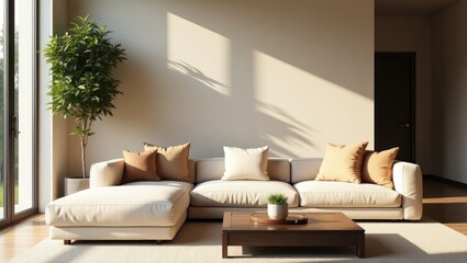 Cream-colored sectional sofa in a sunlit living room.