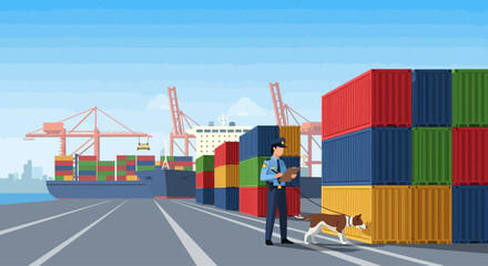Vector Illustrations. Vigilant Customs Officer and K9 Partner Inspecting Cargo at a Busy Seaport. AI EPS Editable