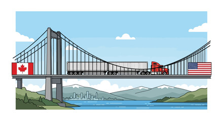 Vector Illustrations. CanadaUSA Trade Route Illustrated SemiTruck Crosses a Bridge with National Flags. AI EPS Editable