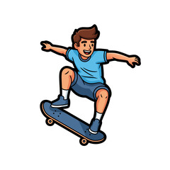 Cartoon Illustration Of A Boy Skateboarding, Jumping, Action Pose, Blue Shirt, White Background