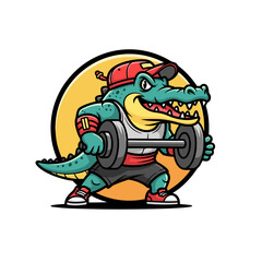 Cartoon Reptile Weightlifting Green Reptile in Red Outfit Lifting Weights Against Yellow Circle
