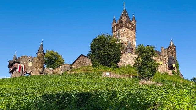 Wine region of the Mosel Valley. Wine tourism Cochem, Rhineland-Palatinate, Germany August 2, 2025. High quality 4k footage