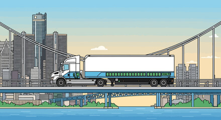 Vector Illustrations. Modern SemiTruck on a Suspension Bridge with Detroit Skyline at Sunrise Illustration. AI EPS Editable