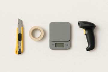 E-commerce packaging tool kit layout with modern postal scale, cutting knife, tape roll, and handheld barcode scanner for shipping and inventory workflow