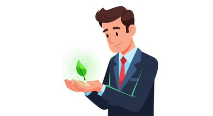 Vector Illustrations. Nurturing Green Innovation Businessman Cradles a Glowing Leaf Symbol. AI EPS Editable